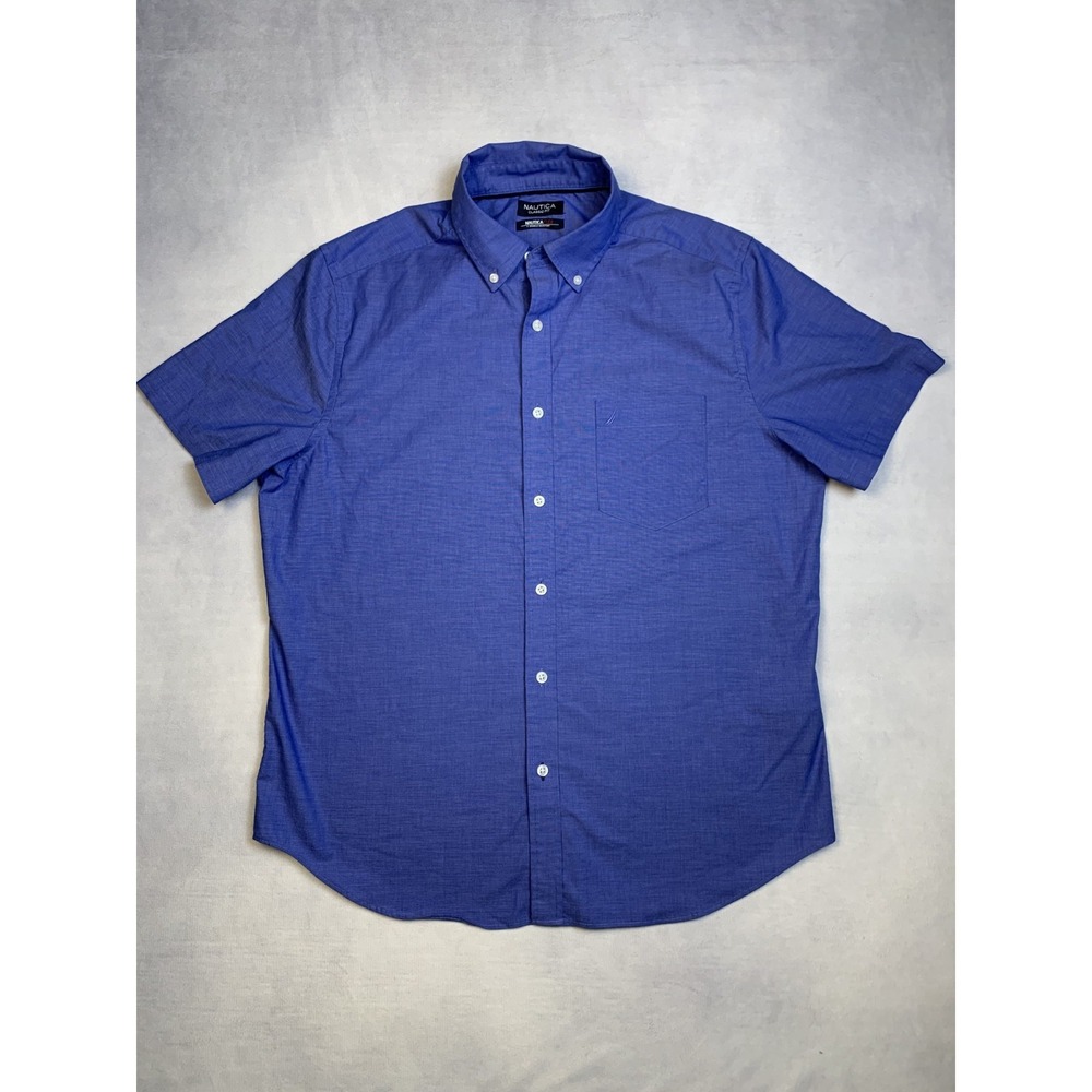 Nautica‎ Button Up Shirt Mens Large Blue Classic Fit Stretch Short Sleeve